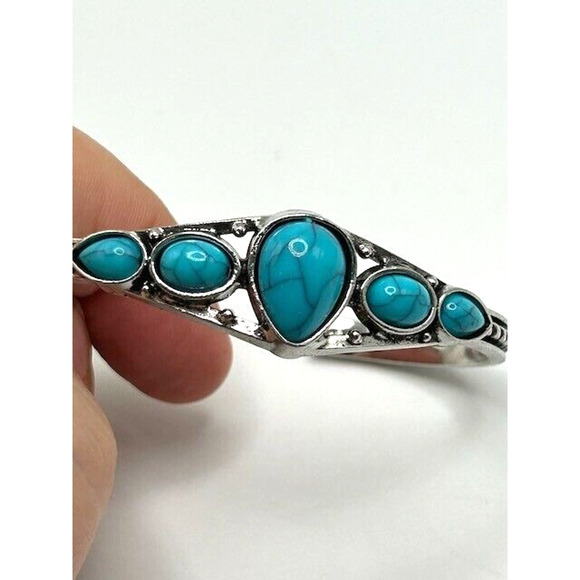 Faux Silver Turquoise Stones Open Bangle Cuff Bracelet Jewelry Boho Southwestern - Picture 4 of 8